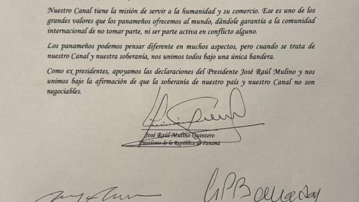 El documento, firmado por Mulino, Moscoso, Torrijos y Pérez Balladares, recibió el respaldo posterior de Cortizo.