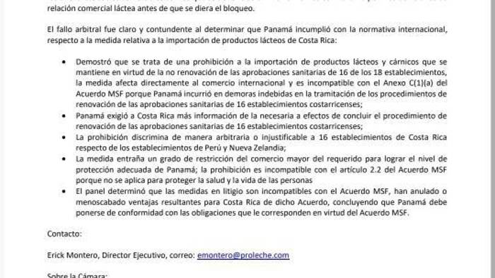 Comunicado de prensa de la Cámara Nacional de Productores de Leche de Costa Rica.