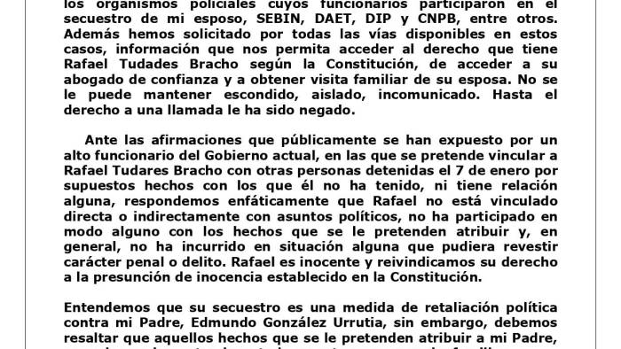 Comunicado de Mariana González de Tudares, hija del líder opositor venezolano.