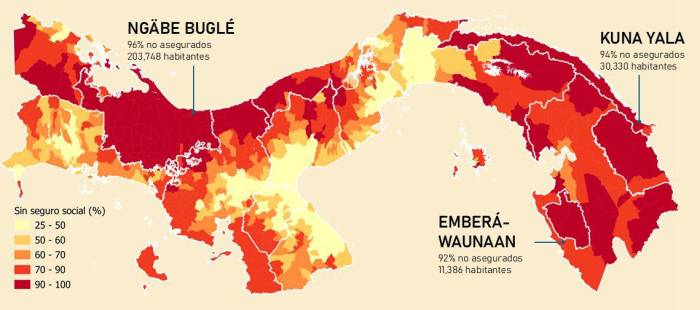 Este mapa de la población sin seguro social de acuerdo al censo 2023 revela una preocupante exclusión social en Panamá, con más entre el 25% y 50% de la población urbana y más del 70% de la rural sin seguro social, evidenciando una profunda desigualdad entre el centro y la periferia, tanto a nivel nacional como local.