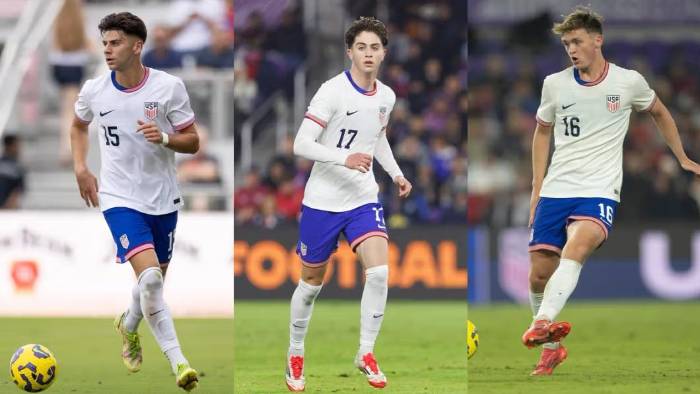 Los futbolistas Max Arfsten, Brian Gutiérrez y Jack McGlynn.