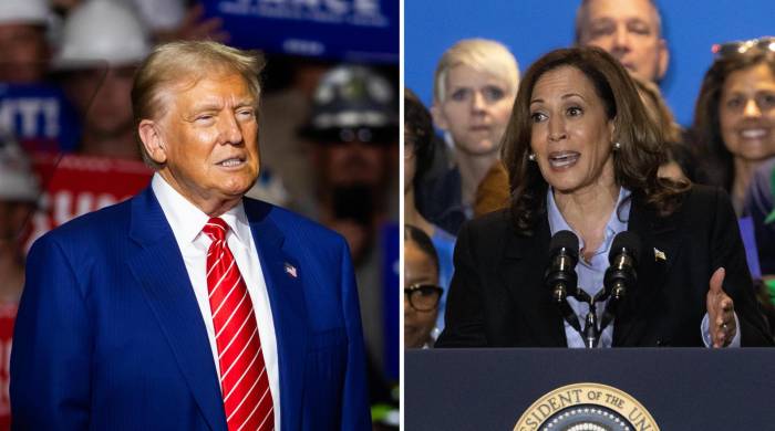 Combo de dos fotografías donde están el expresidente de los Estados Unidos y candidato presidencial republicano, Donald Trump, y la vicepresidenta de los Estados Unidos y candidata presidencial demócrata, Kamala Harris.