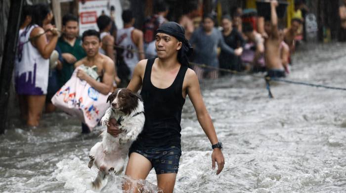 Un vecino en Quezon, en la metrópoli de Manila, lleva una mascota en medio de las inundaciones. Las autoridades han declarado el estado de calamidad en la zona metropolitana de la capital.