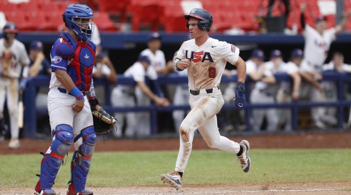 Gavin Fien, de Estados Unidos, fue registrado este sábado, 10 de agosto, al anotarle una carrera de Puerto Rico, durante un partido del Premundial U18 de béisbol, en el estadio Nacional Rod Carew.