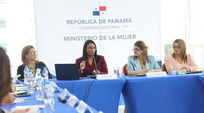 La ministra de la mujer, Niurka Palacio, de rojo vino, durante la presentación de su plan de acción.