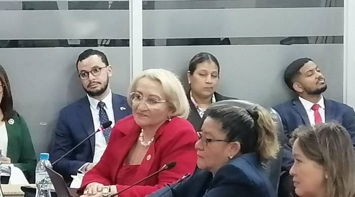 La rectora de la Unachi, Etelvina Bonaga durante la sustentación del traslado de partida en la Comisión de Presupuesto de la Asamblea Nacional.