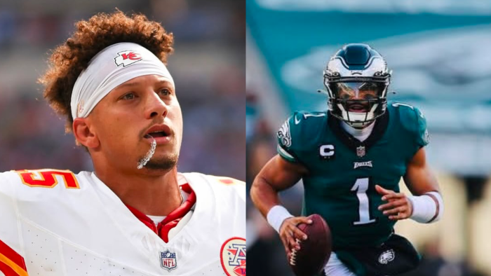 Los jugadores de la NFL, Patrick Mahomes (izq.) y Jalen Hurts.