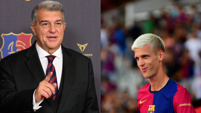 El presidente del FC Barcelona, Joan Laporta (Izq.) y el futbolista español Dani Olmo.