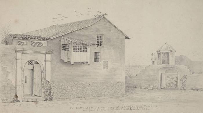 Dibujo de la entrada este del convento de San Francisco y vista de la Puerta de Mar, 1851, The Huntington Library.
