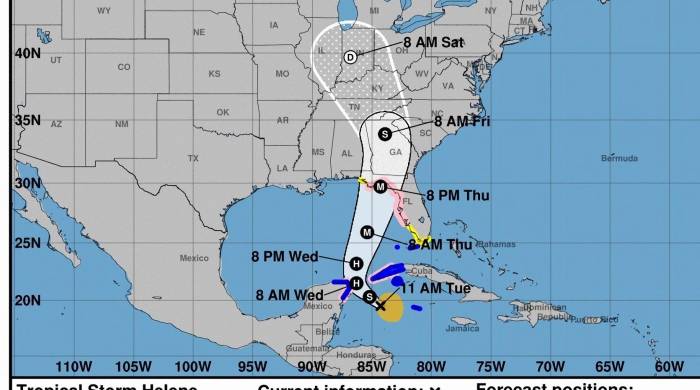 Imagen cedida por el Centro Nacional de Huracanes donde se muestra el pronóstico de cinco días de la trayectoria de la tormenta tropical Helene por el Atlántico hacia el golfo de México.