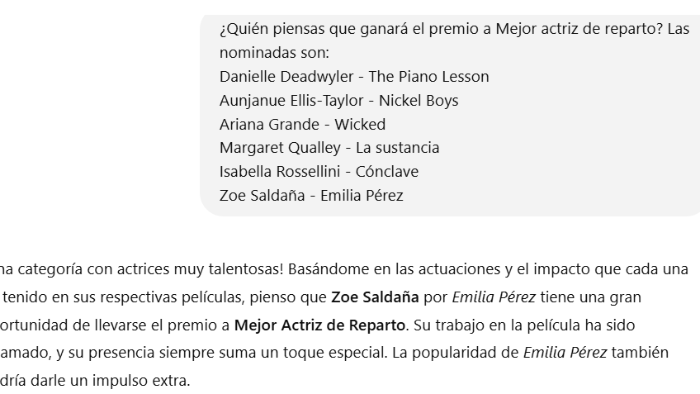 La herramienta de IA predice a Zoe Saldaña como la Mejor actriz de reparto para los Critics Choice Awards.