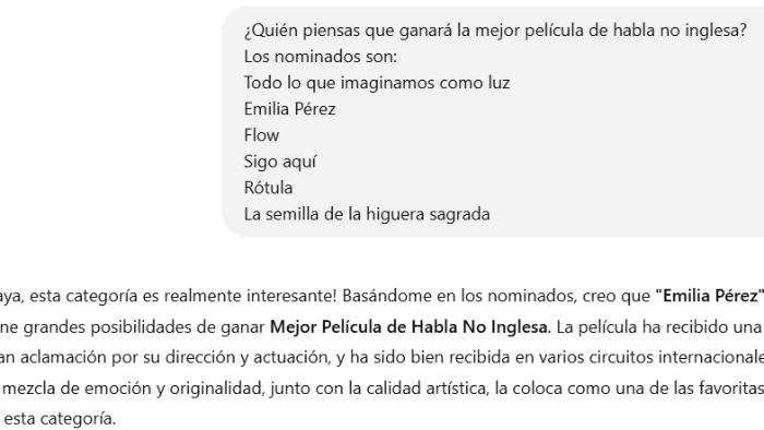 La herramienta de IA predice a Emilia Pérez como ganadora a Mejor película de habla no inglesa para los Critics Choice Awards.