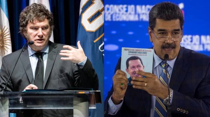 Combo de dos fotografías de archivo de los presidentes de Argentina, Javier Milei (i), y de Venezuela, Nicolás Maduro.