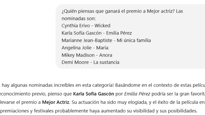 La herramienta de IA predice a Karla Sofía Gascón como la Mejor actriz para los Critics Choice Awards.