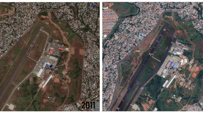 Estas vistas de satélite permiten observar claramente la presión del desarrollo urbano sobre el aeropuerto, rodeado en su sección norte por asentamientos informales y áreas inundables, además del avance en la construcción de la zona logística de Tocumen.