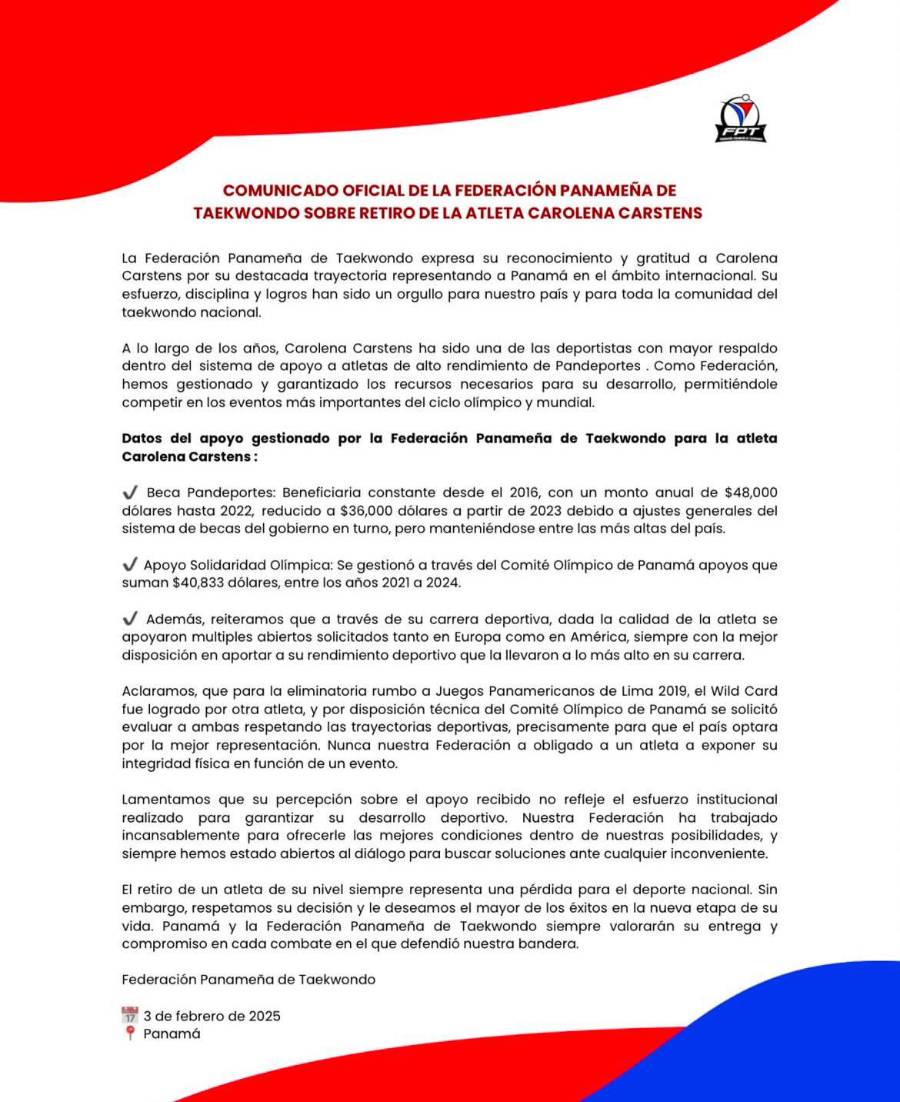 Comunicado de la Federación Panameña de Taekwondo sobre el retiro de Carolena Carstens.