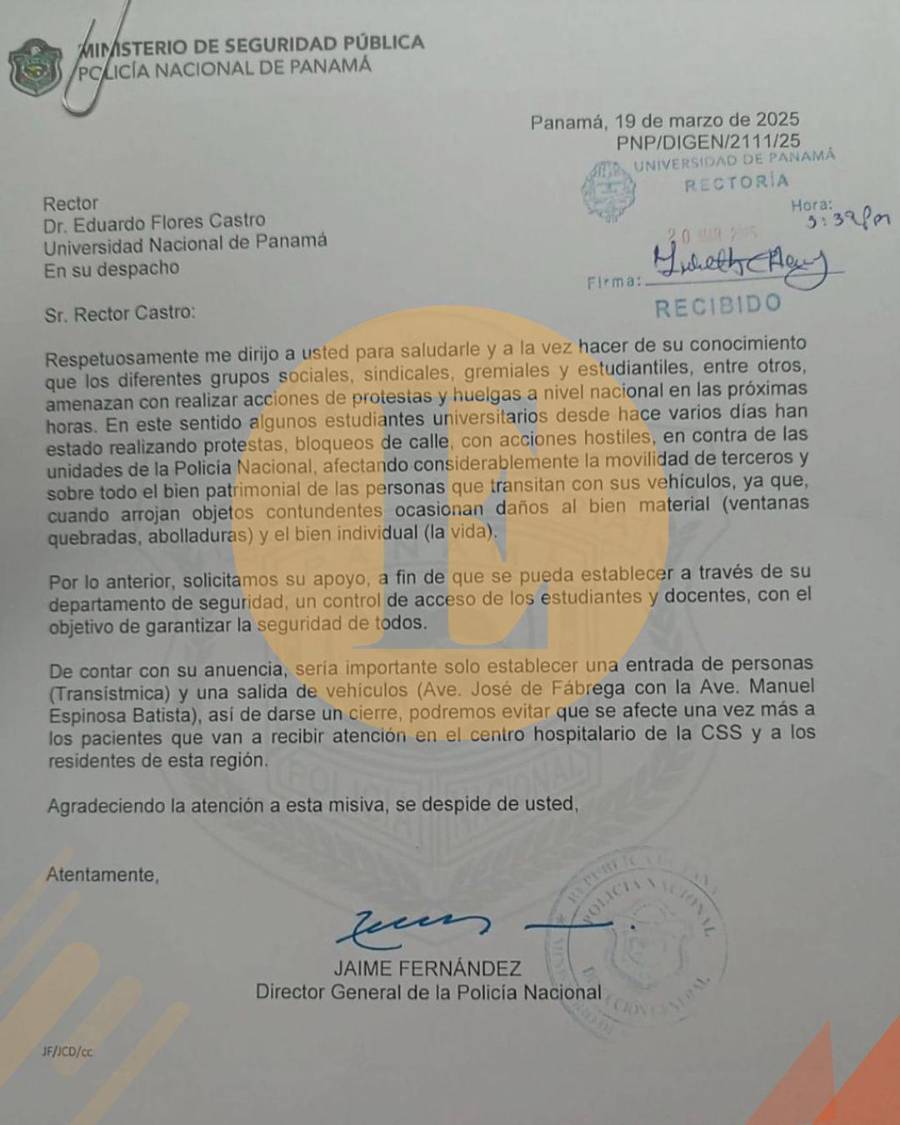 Carta enviada por el Director de la Policía al Rector de la Universidad de Panamá.