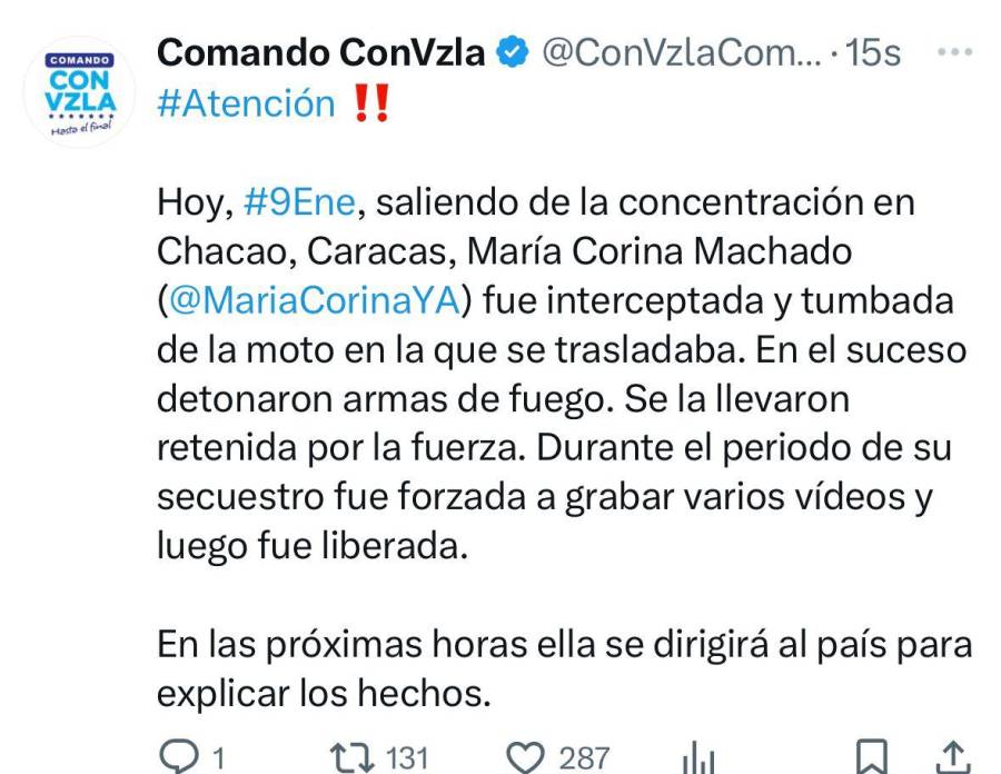 Régimen de Maduro libera a María Corina Machado y la obliga a grabar videos