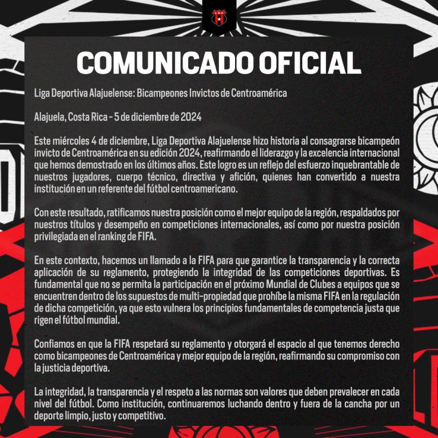 Comunicado del club tico sobre su participación en el Mundial de Clubes.