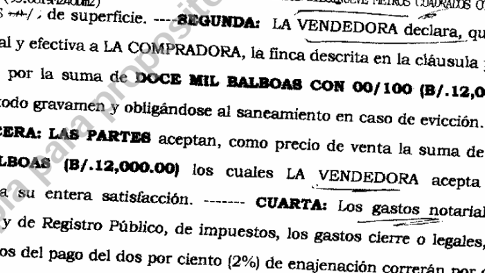 Documento notariado donde se detalla que el terreno costó $12 mil dólares.