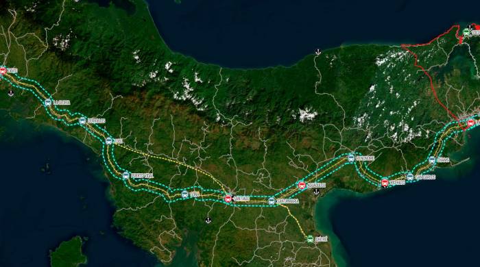 El mapa muestra el recorrido del tren Panamá- David según el estudio de 2019. Sobre este mapa el ORU/FSU incorporó una zona de influencia de 3 kms alrededor del eje del trazado propuesto, además de incluir propuestas de nuevas estaciones como la de Paso Canoas y Albrook.